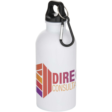 Logotrade Werbeartikel das Foto: Oregon 400 ml RSC-zertifizierte einwandige Sublimation Trinkflasche aus recyceltem Edelstahl mit Karabinerhaken