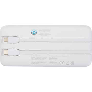 Logotrade Werbegeschenke das Foto: Adhil 10 W 10.000 mAh Powerbank aus recyceltem Kunststoff mit 2 integrierten Kabeln