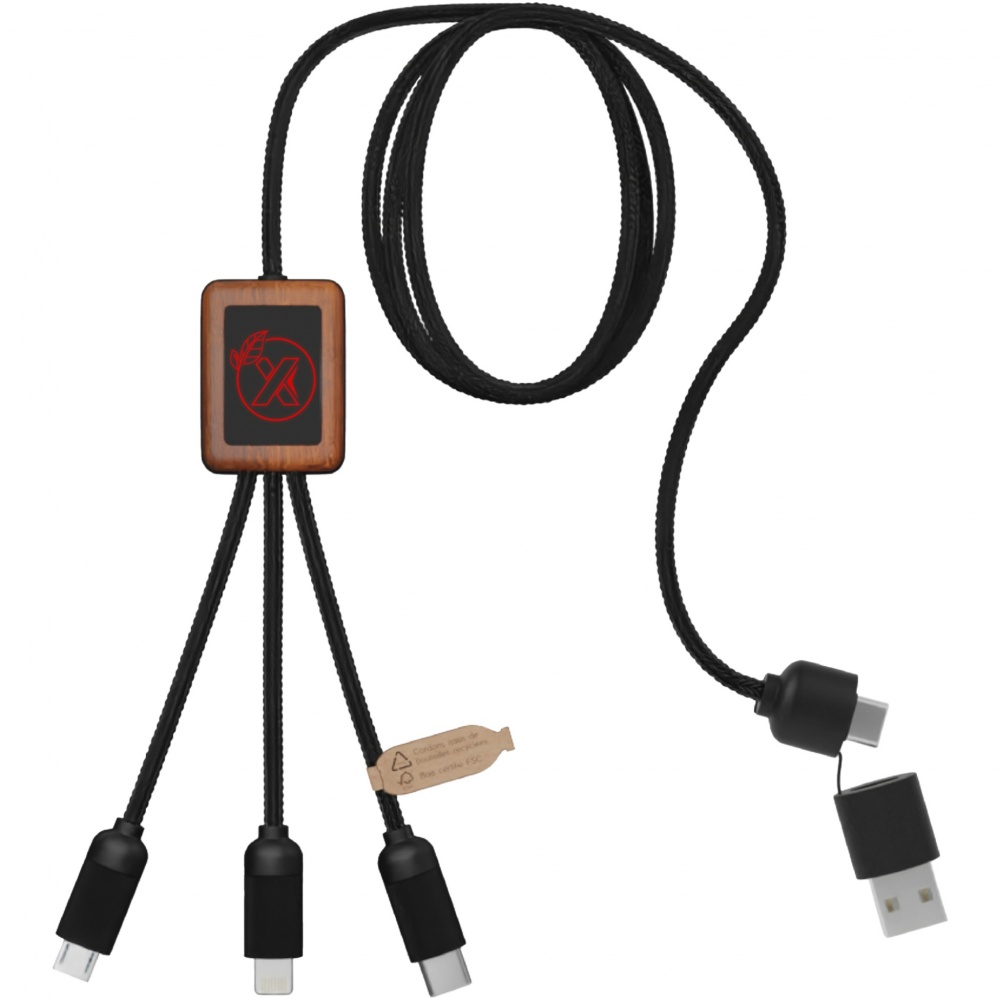 Logo trade promotional merchandise picture of: SCX.design C38 5-in-1 rPET light-up logo charging cable with squared wooden casing