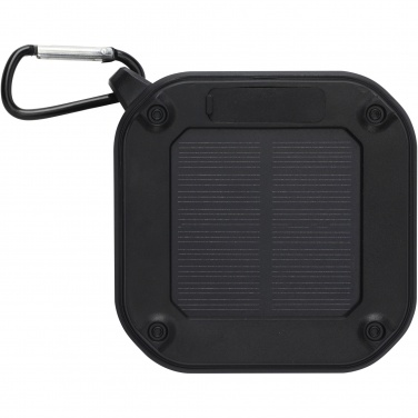 Logotrade advertising product picture of: Solo 3W IPX5 RCS recycled plastic solar Bluetooth® speaker with carabiner 