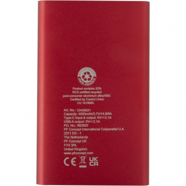 Logotrade promotional products photo of: Pep 4000 mAh Type-C recycled aluminium power bank 