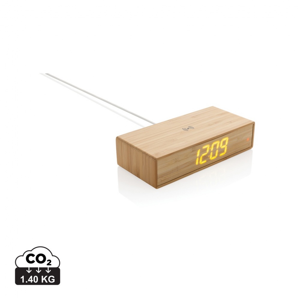 Logo trade advertising product photo of: Bamboo alarm clock with 5W wireless charger