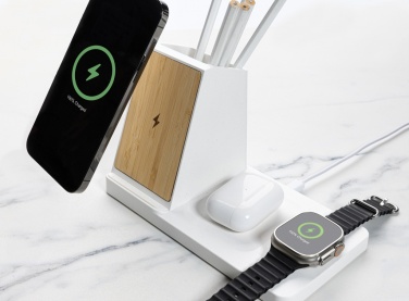 Logo trade promotional giveaways image of: Ontario recycled plastic & bamboo 3-in-1 wireless charger