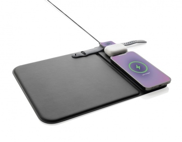 Logo trade business gifts image of: Swiss peak RCS recycled PU 15W 3 in 1 charging mousepad