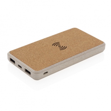 Logo trade promotional gifts image of: Cork and Wheat Straw 8.000 mAh 5W wireless powerbank