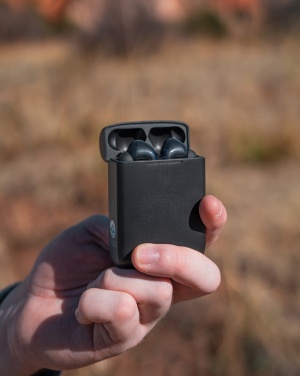 Logo trade promotional giveaways image of: Skywave RCS recycled plastic solar earbuds