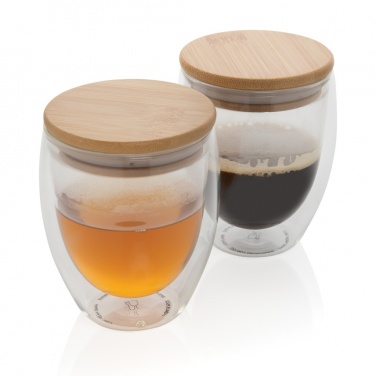 Logo trade promotional giveaways image of: Double wall borosilicate glass with bamboo lid 250ml 2pc set