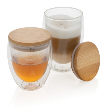 Logotrade promotional gift image of: Double wall borosilicate glass with bamboo lid 350ml 2pc set