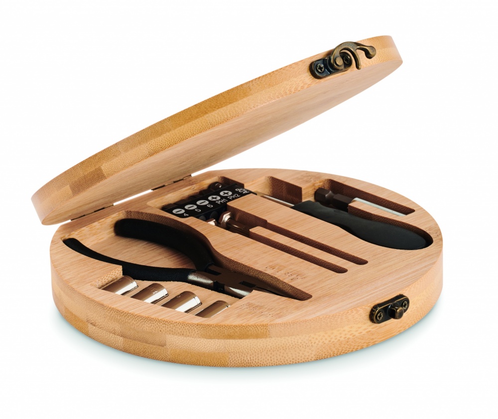 Logo trade corporate gifts image of: 15 piece tool set bamboo case