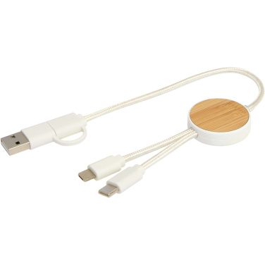 Logo trade business gift photo of: Chechia 5-in-1 recycled plastic 30 cm data sync and 27W fast charge cable with bamboo details