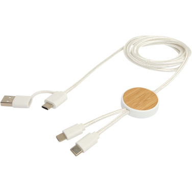 Logo trade promotional products image of: Chechia 5-in-1 recycled plastic 150 cm data sync and 27W fast charge cable with bamboo details