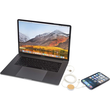 Logo trade promotional products image of: Chechia 5-in-1 recycled plastic 150 cm data sync and 27W fast charge cable with bamboo details