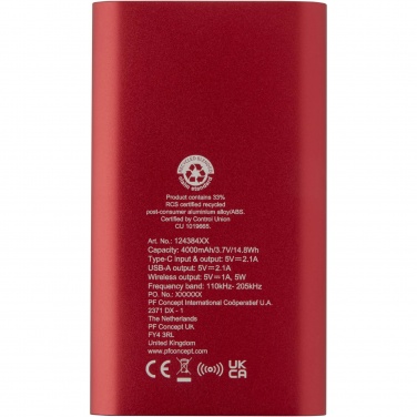 Logotrade reklaamkingi foto: Juice 4000 mAh Type-C taaskasutatud alumiiniumist juhtmevaba toitepank 