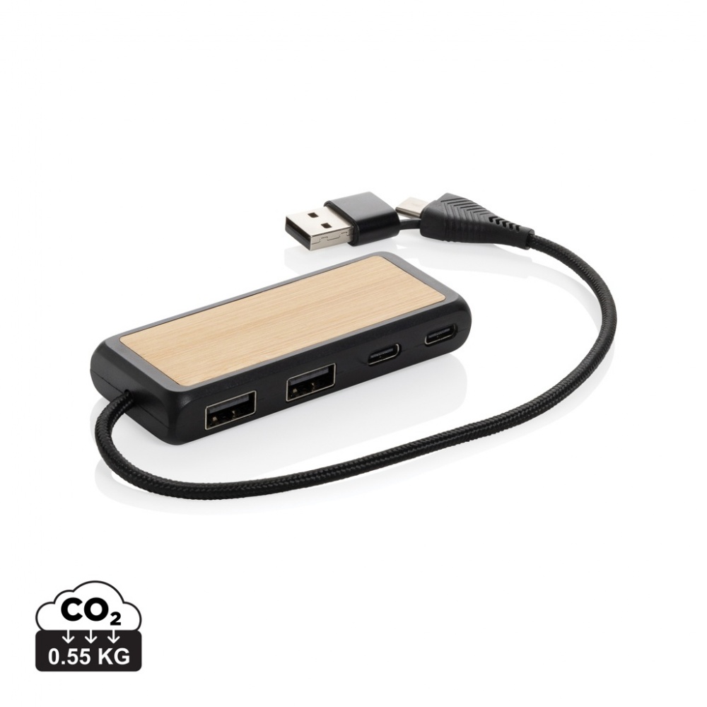 Logo trade liikelahja kuva: Link RCS kaksoistulo USB-hub kierrätysmuovia ja bambua