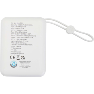 Logo trade mainoslahjat tuotekuva: Acrux 10 000 mAh:n ja 35 W:n tablettivirtalähde, jossa sisäänrakennettu Type-C-kaapeli – valmistettu kierrätetystä muovista