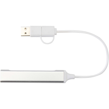 Logotrade mainoslahja tuotekuva: Alkaid 4-porttinen kierrätetystä alumiinista valmistettu USB-A- ja Type-C-keskitin, jossa kaksi sisääntuloa