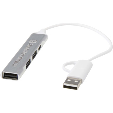 Logo trade liikelahja kuva: Alkaid 4-porttinen kierrätetystä alumiinista valmistettu USB-A- ja Type-C-keskitin, jossa kaksi sisääntuloa