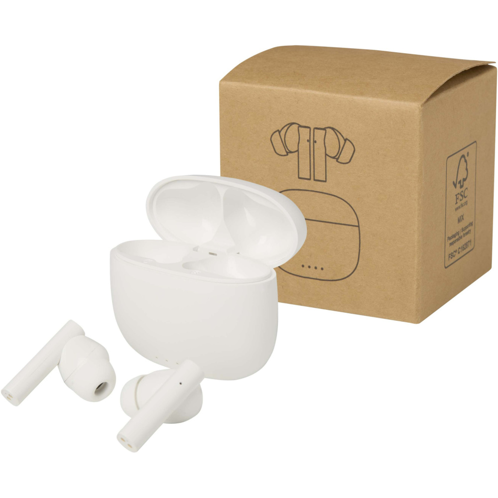 Logotrade mainoslahja tuotekuva: Alterf kierrätysmuovista valmistetut langattomat True Wireless Bluetooth® -kuulokkeet silikonisilla korvasovittimilla