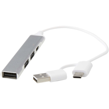 Лого трейд бизнес-подарки фото: Alkaid 4-портовый концентратор USB-A и Type-C из переработанного алюминия с двумя входами