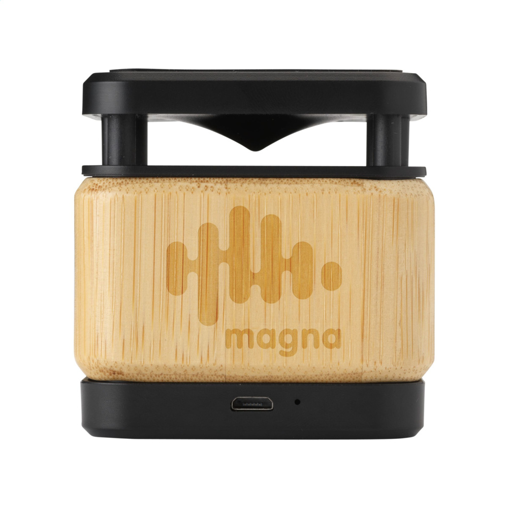 Logotrade kampanjprodukter bild: Bamboo Block Högtalare med trådlös laddare