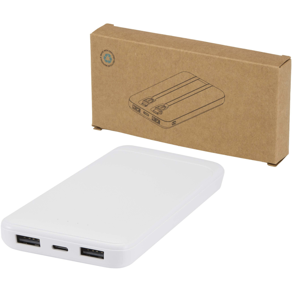 Logotrade profilprodukter bild: Adhil 10 000 mAh 10 W powerbank av återvunnen plast med två inbyggda kablar
