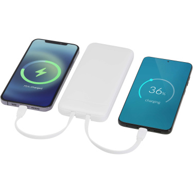 Logotrade presentreklam bild: Adhil 10 000 mAh 10 W powerbank av återvunnen plast med två inbyggda kablar